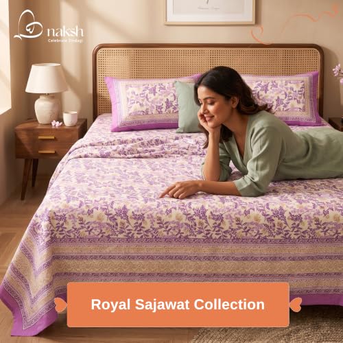 Image of Naksh Queen Size Bed Sheet Purple Floral Print 2 Pillow Covers | Purple Botanical Floral Print | Heritage Design for Queen Size Bedrooms