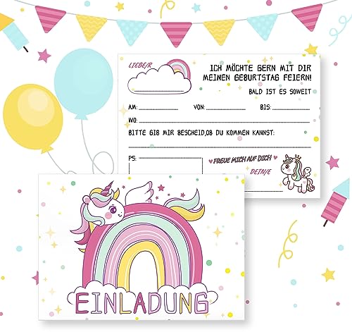 Sweelov Conjunto de 12 cartões de convite de unicórnio premium, design mágico de arco-íris, cartão de 200 g, resistente a tintas, ideal para convites de aniversário e celebrações para meninas
