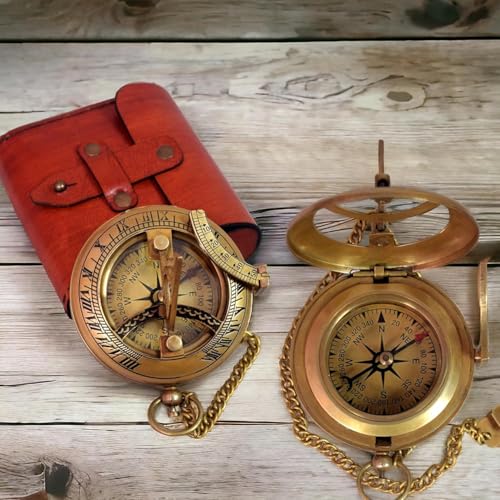 Brújula de bolsillo de latón con reloj de sol y estuche de cuero, herramienta náutica vintage para aventuras al aire libre y coleccionistas miniatura 6