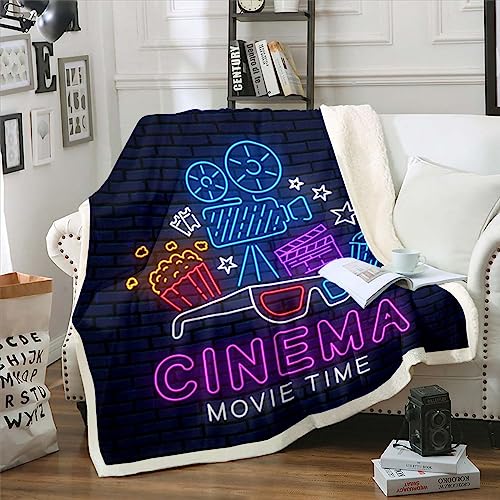 Movie Night Blanket for Boys Girls Family Home Theater Decor Throw Blanket 40"x50" Movie Theater Decor Fleece Blanket Movie Themed Fuzzy Blanket Vintage Popcorn Print Film Theme Sherpa Blank