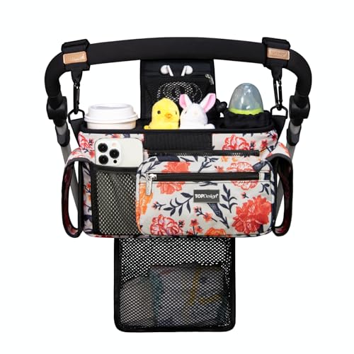 Image of TOPDesign Universal Baby Stroller Organizer, Stroller Caddy with Detachable Mesh Bag & Heightened Insulated Cup Holders & Non-Slip Secure Hooks Accessories, Fits Most Strollers (Trumpet Vine)