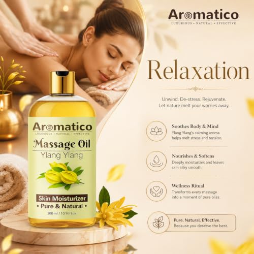 Image of AROMATICO Ylang Ylang Massage Oil for Sunny, Sensual, Floral Fantasy Date Nights | Intimate, Romantic & Arousing Aromatherapy Massage for Couples | Non-sticky and Lightweight - 300 ml (Pack of 2)