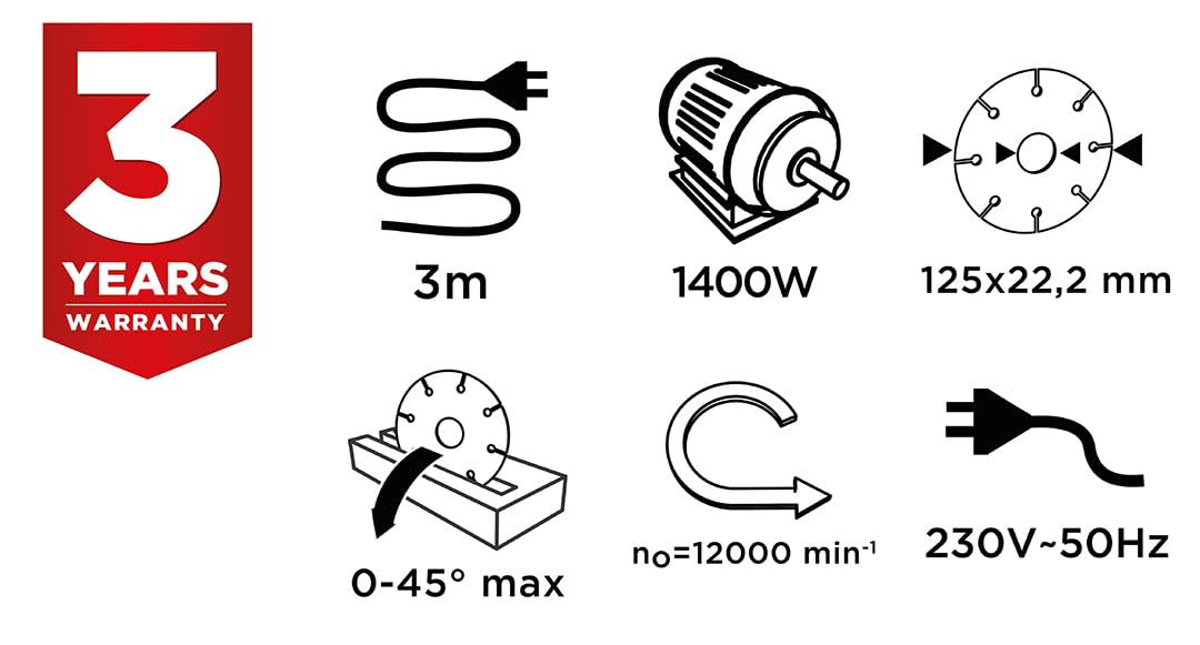 GRAPHITE Taglierina per gres porcellanato e pietra 1400 W, 125 mm; taglio a umido e a secco; set di collegamento dell'acqua; regolazione dell'angolo 0-45°; regolazione della profondità di taglio; lama