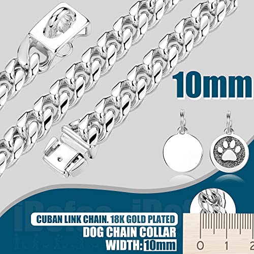 Image of Dog Chain Collars Cuban Link Dog Collar Design Buckle with Bell & Dog Tag Stainless Steel Metal 10mm Gold Silver Dog Collar for Puppy Small Medium Large Dogs(Silver /22)