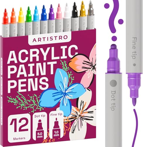 Artistro 12 Acrylstifte für Steine, Wasserfest mit Doppelspitze (Feine Spitze 1mm + Punkt 5mm), Zeichenset, Marker für Textilien, Leinwand, Stein, Glas, Holz, Papier, Farbmarker