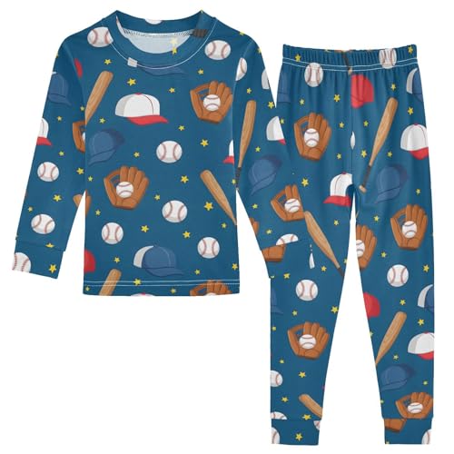 Pajama Sets Long Sleeve Baseball Equipment Pattern on Blue Soft Comfy Sleepwear 2 Piece PJS 3-8T