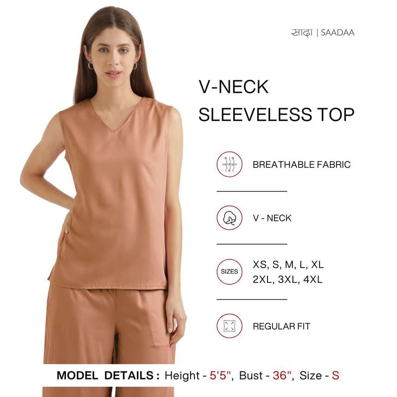 Image of SAADAA V-Neck Tops for Women| Viscose Fabric | Sleeveless Design | Relaxed Fit for Everyday Comfort | Office & Casual Wear