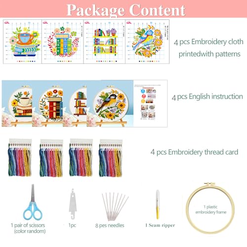 Image of Zhenqing Book Lover's Cross Stitch Kit - 4-Piece Set with Pre-Printed 11CT 24x24cm Fabric, Hoop & Tools, Reading & Flower Themes for Beginners(70411)