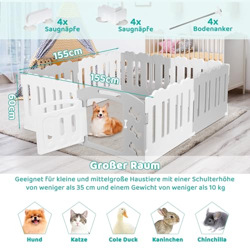 MAMIZO Welpenauslauf 60CM Hoch Welpenlaufstall, Laufstall Hund 7+1 PCS Platten, Plastik Welpenzaun, Hundeauslauf mit Tor, Inkl. Saugnäpfe & Erdanker, Drinnen Hundelaufstall für Wohnung, Grau-Weiß