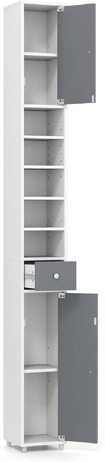 COSTWAY Slim Bathroom Tall Cabinet, Freestanding Storage Cupboard with 2 Doors, 1 Drawer & Adjustable Shelves, Wooden High Floor Cabinet Unit for Bathroom Living Room, 20x20x180cm (Grey+White)