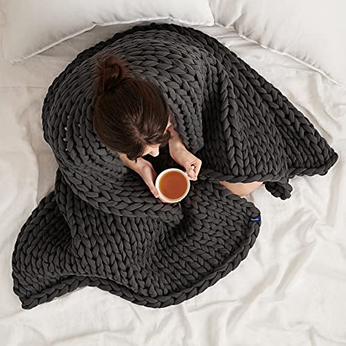 Image of Bearaby Cotton Hand-Knit Weighted Blankets for Adults - Chunky Knit Blanket - Sustainable, Breathable, Organic, Cooling Weighted Blanket - Machine Washable (Asteroid Grey, 10 lbs, 40 inchx64 inch)