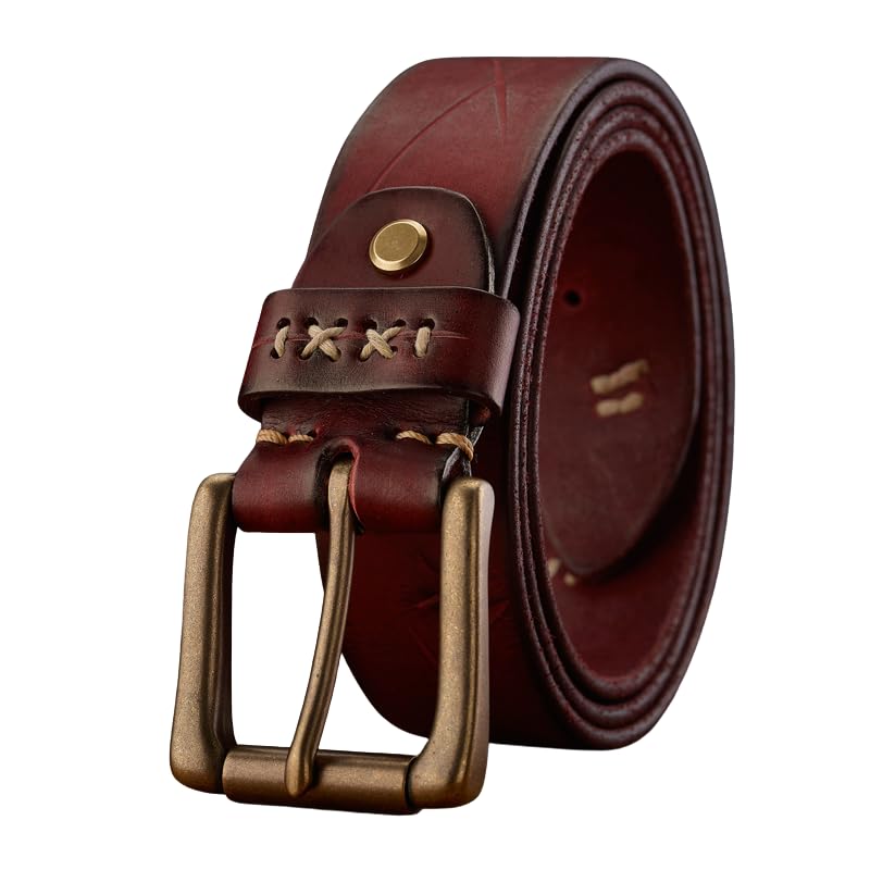 Brown Belt Men Genuine Leather Handmade Top Layer Cowhide Copper Buckle Belt