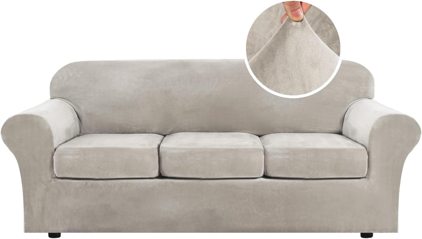 LINGKY Velvet Sofa Cover 3 Seater With 3 Separate Sofa Seat Cushion Covers, Stretch Couch Cover Non-Slip Sofa Slipcovers for Living Room Furniture Protector (Oatmeal,3 Seater)