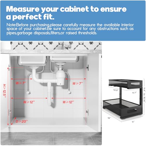 Image of 2 Pack 19IN Depth Under Sink Storage Organizer, Large 2-Tier Elegant Mesh Pull Out Shelf for Kitchen and Bathroom Cabinet Organization, L-Shaped and Adjustable Height Design-Black