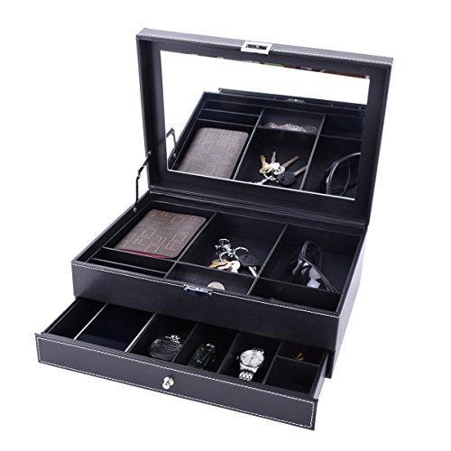Autoark Leather Dresser Valet Jewelry Watch Organizer,Desktop Organizer for Keys,Coins,Wallet,Smartphone,Watches,Sunglasses and Accessories,Metal Buckle & Large Mirror,Big-Capacity,Black,AW-127