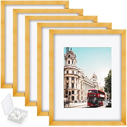 RR ROUND RICH DESIGN Solid Wood 11x14 Picture Frames 5PK Display 8x10 with Mat or 11x14 Without Mat Wall Mounting Photo Frame Golden Cover