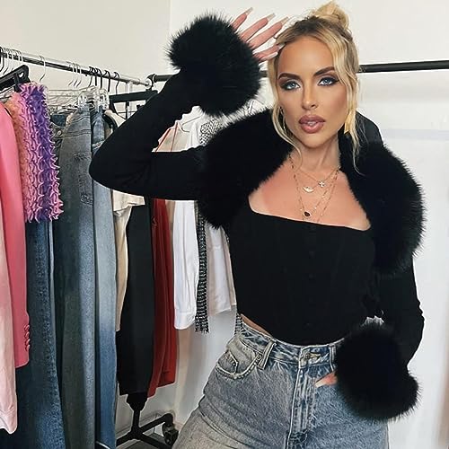 XPONNI Two-Piece Set Fur Trim Y2k Cardigan Crop Top Fluffy Top Womens Y2k Cropped Knit Bolero Dressy Sweater2