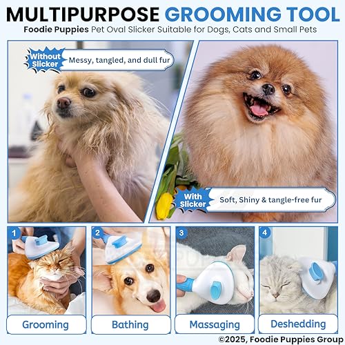 Image of Foodie Puppies Self Cleaning Slicker, Pet Grooming Shedding Brush for Dogs and Cats (Push to Clean Slicker, Oval) - Easy to Remove Loose Undercoat, Pet Massaging Tool Suitable for Pets with Long or Short Hair
