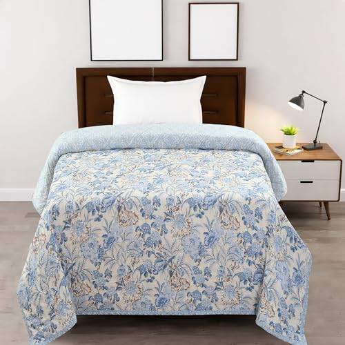 Image of IVAZA Luxury Ultrasonic Punch AC Comforter Blanket - Quilted Microfiber Floral Pattern, Lightweight Breathable All‑Season Blanket for Bedroom, Travel (Singled Bed,228x152 CM) Firozi