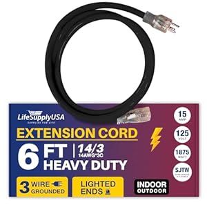 6 ft Power Extension Cord, Indoor Outdoor, Heavy Duty, 3 Prong SJTW, 14 Gauge, Lighted End, Extra Durability, 15 AMP 125 Volts 1875 Watts,14/3,by LifeSupplyUSA-Black (1 Pack)
