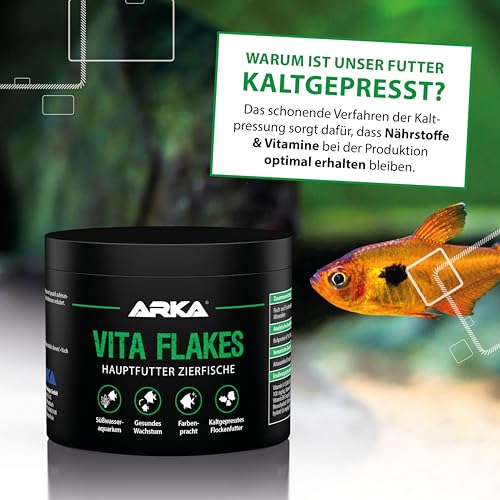 Flockenfutter für Zierfische – ARKA Vita Flakes 250 ml – hochwertiges, kaltgepresstes Alleinfutter für Süßwasseraquarien – unterstützt Farbenpracht, Vitalität & Wachstum – ohne Spirulina
