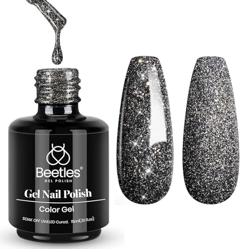 Beetles Black Gel Nail Polish, 1Pcs 15ML Glitter Gel Nail Polish Black Sparkle Reflective Shimmer Color Soak Off UV Lamp Disco Nail Art Manicure Salon DIY at Home Gifts for Her