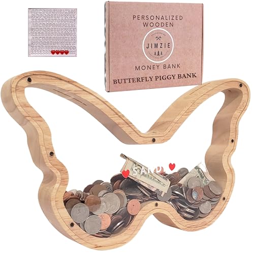 JIMZIE Wooden Butterfly Piggy Bank with Clear Acrylic on Both Sides – Personalized Coin Bank for Kids, Toddlers, and Adults – Large Money Bank 13? x 8? with Letter Stickers