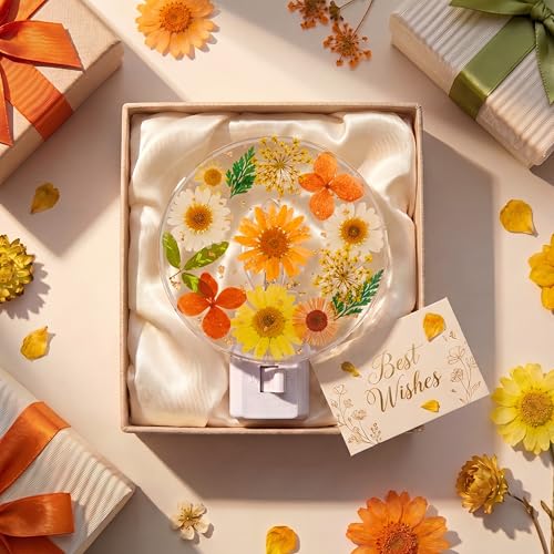 Image of Glooglitter Pressed Flower Night Light Plug in-Handmade Dried Floral Wall Night Light, Soft Glow Decorative Nightlight for Hallway Bedroom Nursery Bathroom, Vintage Botanical(Orange,Flower)