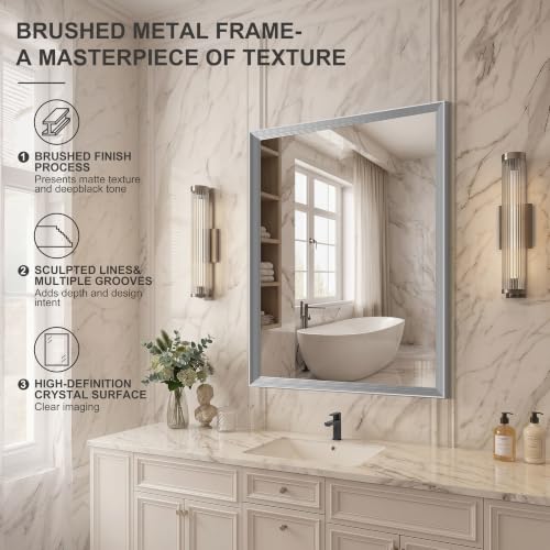 Image of DESBING 30 inchx36 inch Silver Bathroom Mirrors for Over Sink | Tempered Glass, Metal Frame, Rectangle Vanity Wall Mirror for Bathroom, Living Room, Bedroom, Horizontally or Vertically
