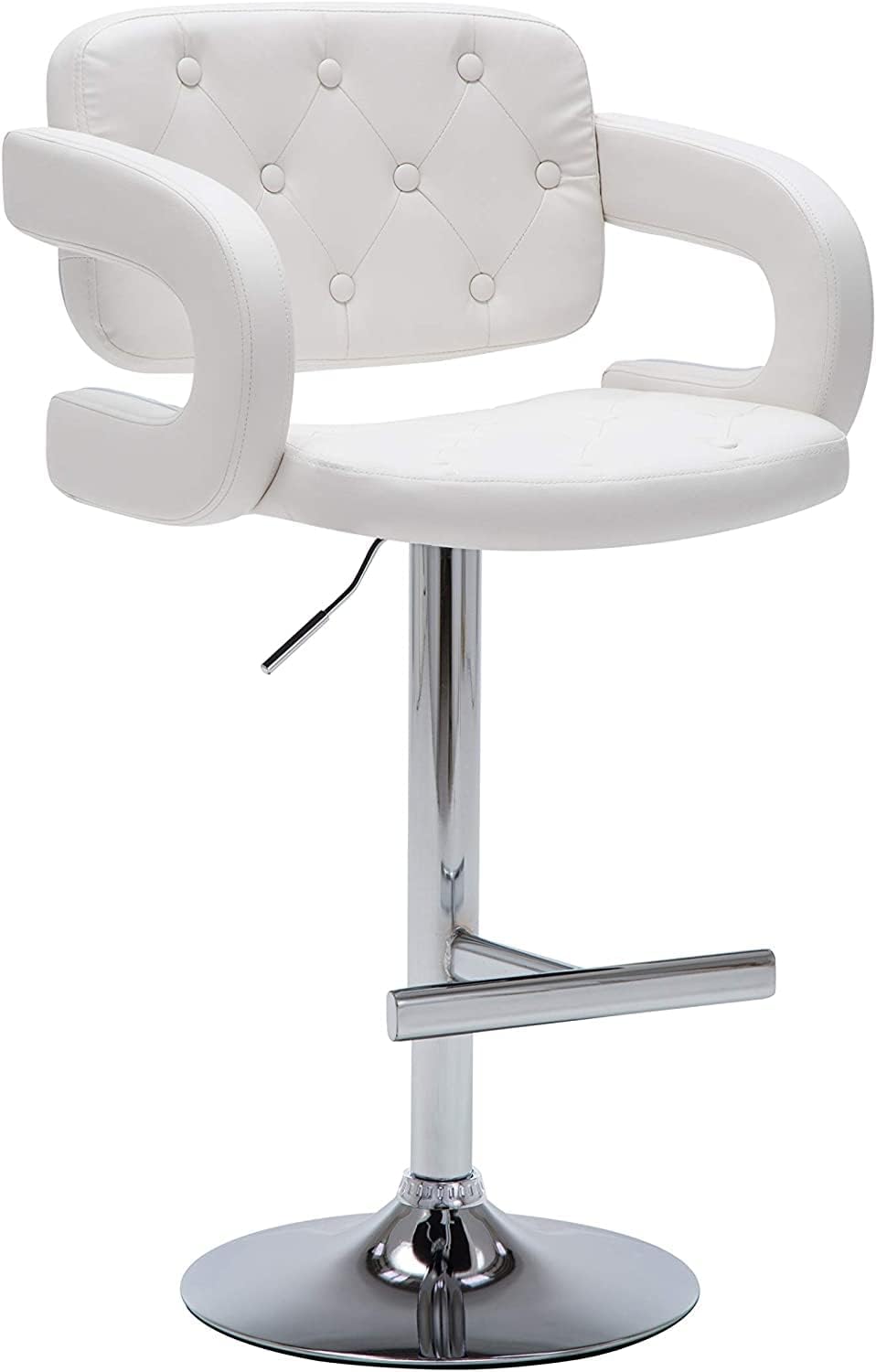 AC Pacific ACBS24 Contemporary Hydraulic Adjustable Swivel Bar Stools, Diamond Tufted Counter Chair with Curved Armrest, Cushion & Polished Chrome Base, 25"-33", Snowy White