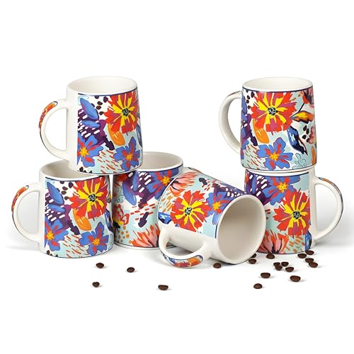Image of Miah KaleidoBloom Ceramic Cup Set - Set of 6 | 10.16 cm x 6.85 cm x 8.89 cm | Handcrafted Coffee & Tea Mugs | Microwave & Dishwasher Safe | Vibrant Abstract Floral Design