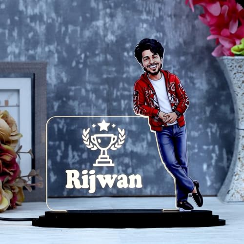 Image of Personalized LED Acrylic Name Plate with Custom Caricature - Customized Gift for Men, Birthday & Valentine's Day Gift, Desk Decor Showpiece, Full Clothes Bodybuilder Caricature