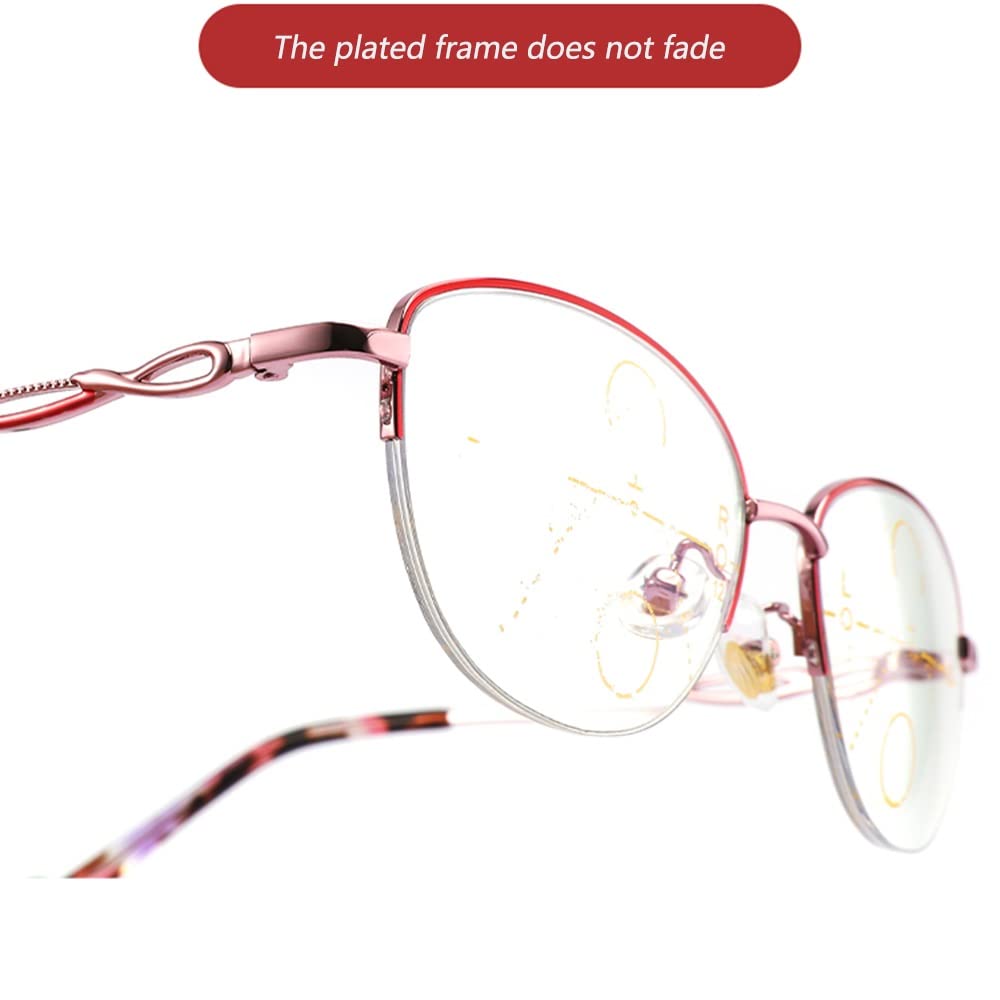 FREAZE +3.0 Rot Halber Rahmen Brille Lesehilfe Mode Damen Lesebrillen Gleitsichtbrille Mit Federscharnier Metallrahmen(Kratzfest) (Color : Silver, Size : +2.5)