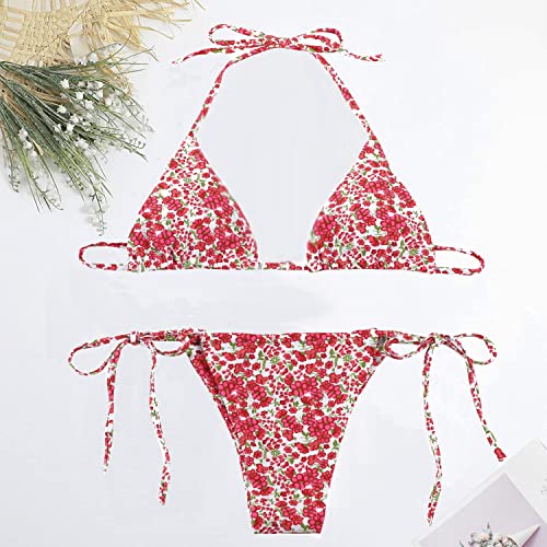 Foto von LUNNTE Damen Halfter String Bikini Set Sexy Tanga Frech Zweiteilige Badeanzüge Badebekleidung (Rote Blume, S)