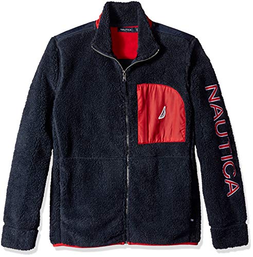 Nautica Men's Long Sleeve Full Zip Front Sherpa Jacket, Navy, Large