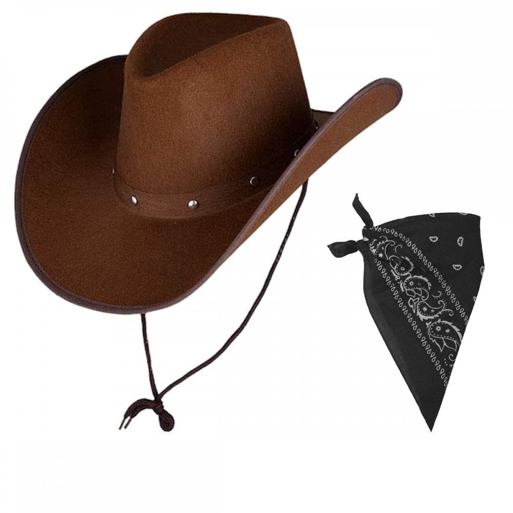Titch & Timbo Dark Brown Texan Cowboy Hat + Bandana Set : Adult Mens Womens Western Wild West Rodeo Barn Dance Cowgirl Music Festival Pop Tour Fancy Dress Accessory (Paisley Bandana, Black Bandana)