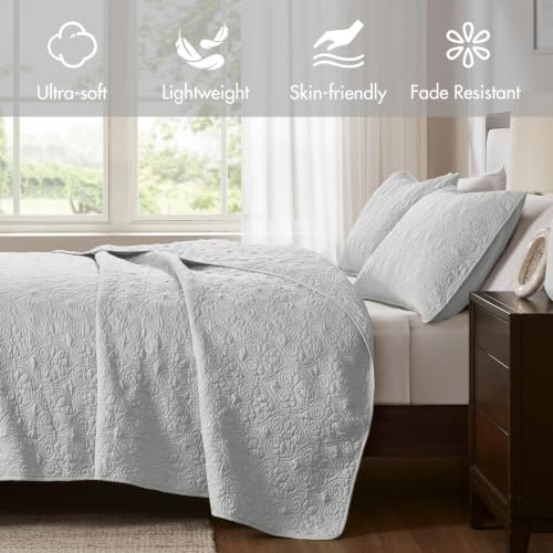 Image of Madison Park Luxurious Cotton Damask Quilt Set, 3PC Full /Queen Bed Set | All Season, Lightweight Stitching Coverlet Bedspread Bedding Stitching with Shams, Grey