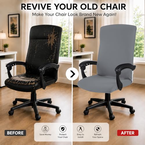 Image of Elastic Computer Chair Cover with Durable Zipper - Protective Removable Washable Universal Office Desk Chair Seat Slip Cover - Stretchy Soft Anti-dust Desk Chair Seat Protector - Mid Gray