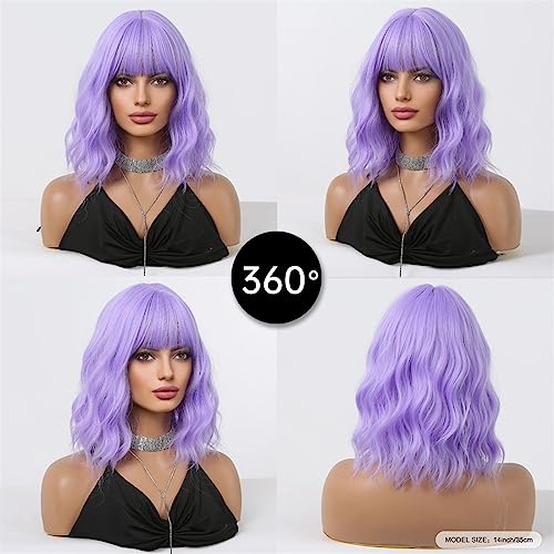 Perruque synthétique violet bleu à frange - Carré court bouclé