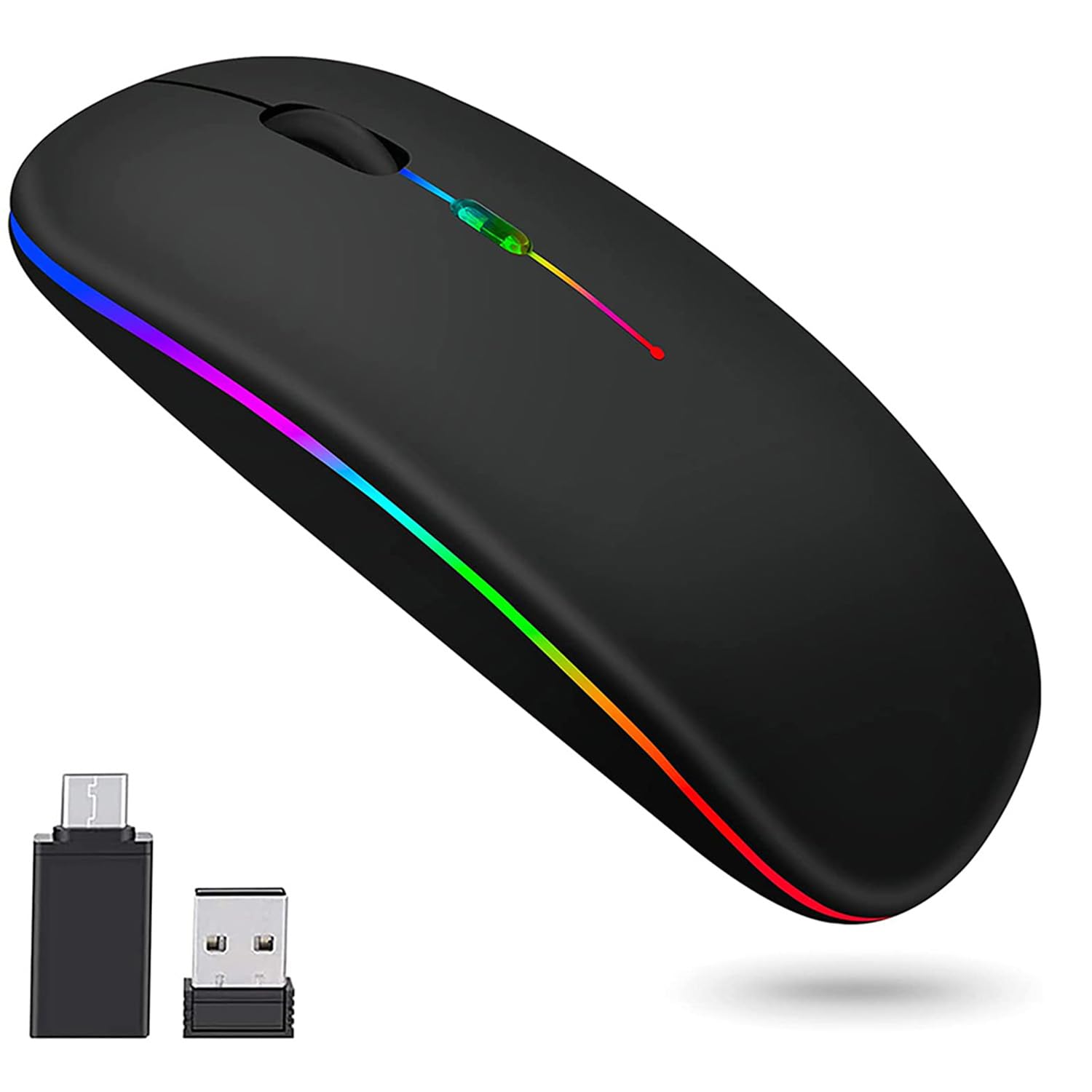 Qniceone Wireless Bluetooth Mouse, LED Slim Dual Mode (Bluetooth 5.1 + USB) 2.4GHz Rechargeable Portable Silent Mouse with Type C Adapter for Laptop/MacBook/iPad OS 13 and Above (Matte Black)