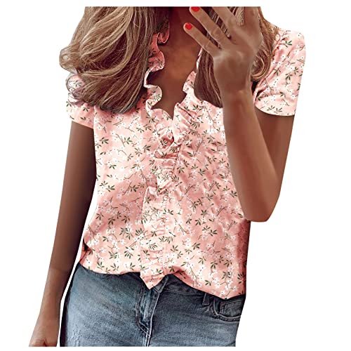 Sleeveless Short Sleeve Tshirts for Women Summer Fall Ruffle V Neck Flower Loose Fit Long Tops Shirt Women 2024