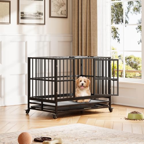 Garvee Heavy Duty Dog Crate 48.5 Inch, Foldable Indoor Dog Cage with Double Door and 360° Lockable Wheels, Removable Tray for Easy Cleaning, for Small Medium Large Dogs by Garvee - Used condition - CA$126.68
