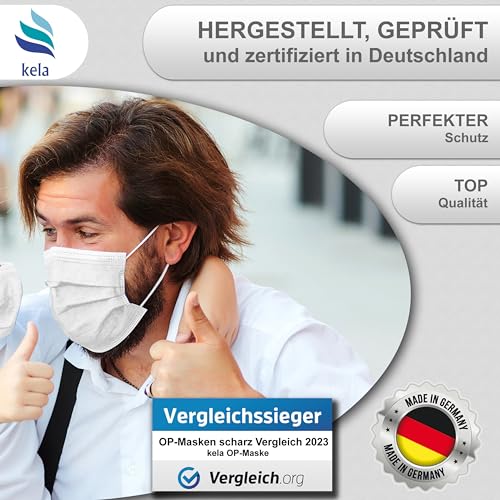 kela OP-Maske - 50x Medizinische Maske Weiß | 100% Made in Germany | OEKO-TEX Standard | Premium Atemschutz Mundschutz OP Maske | MNS Typ IIR Einwegmaske