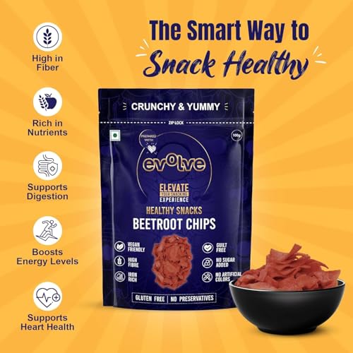Image of Evolve Beetroot Chips Healthy Snacks for Kids, Adults | Gluten Free, Vacuum Fried, Low Calorie, | No Additives, Ready to Eat, Masala Flavor - 100g Pack of 3