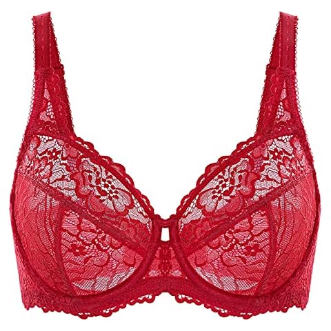 DELIMIRA Mujer Sujetador con Aros Transparente Talla Grande Cobertura Completa Tango Rojo 95D Cover
