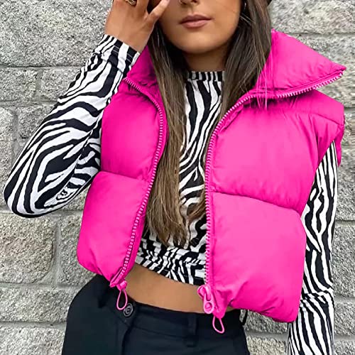 Hthlvmd Women's Winter Crop Vest Lightweight Sleeveless Warm Outerwear Puffer Vest Padded Gilet Hot Pink #TOP5