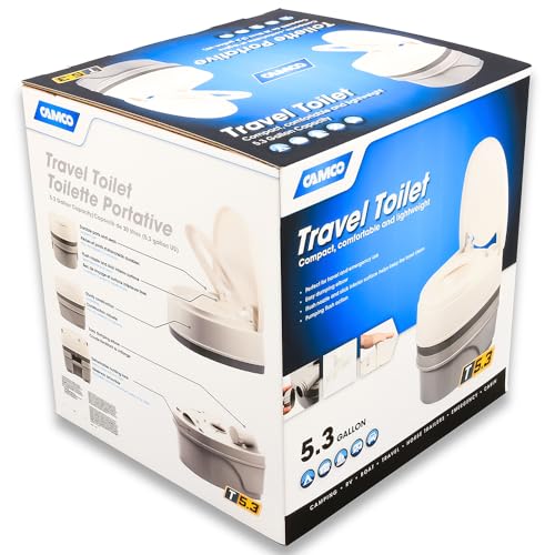 Camco Premium Portable Travel Toilet With Three Directional Flush and Swivel Dumping Elbow | Designed for Camping, RV, Boating And Other Recreational Activities - (5.3 gallon) (41545),White