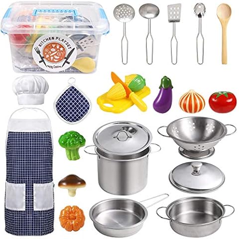 Sundaymot Kids Kitchen Pretend Play Toys Accessories with Stainless Steel Cookware Pots and Pans Set, Cooking Utensils, Apron & Chef Hat, Cutting Vegetables for 3 Year Old Kids, Girls, Boys, Toddlers Cover