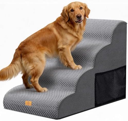Thihome Hundetreppe 4 Stufen, rutschfest Hundetreppe für Kleine Hunde aus Hochdichtem Schaumstoff, Haustiertreppe mit Griff & Aufbewahrungstasche, 50 cm Hoch Hunderampe für Bett &