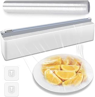 Plastic Wrap Dispenser with Cutter,Reusable Plastic Food Wrap Dispenser,Magnetic Cling Film Dispenser with 1 Roll Plastic Wrap,Tin Aluminum Foil Dispenser with Slide Cutter